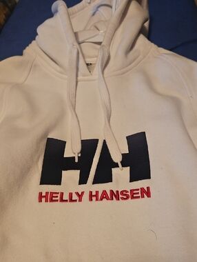 Helly Hansen White Hoodie with Navy Logo and Red Lettering ~